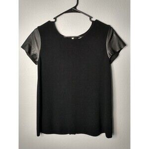 Zara Black FauxLeather SleeveTop Women’sSmall Short SleeveKnitBlouse w/Gold Zipp